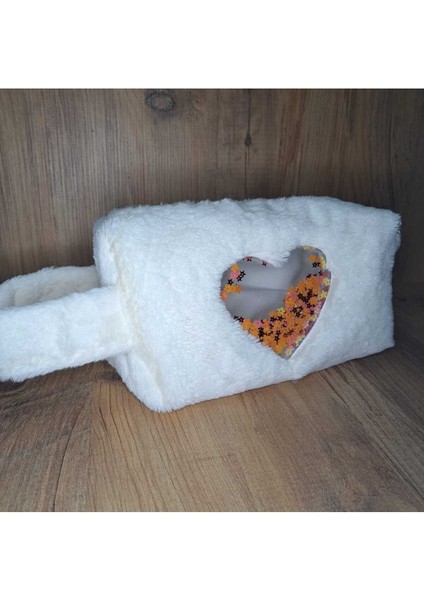 Yumuşak Peluş Makyaj Çantası, Beyaz, Şık ve Kullanışlı Tasarım