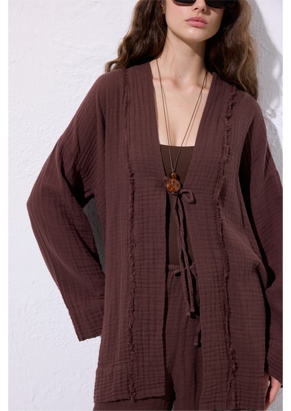 Müslin Geniş Kollu Kimono Acı Kahve fırsatları