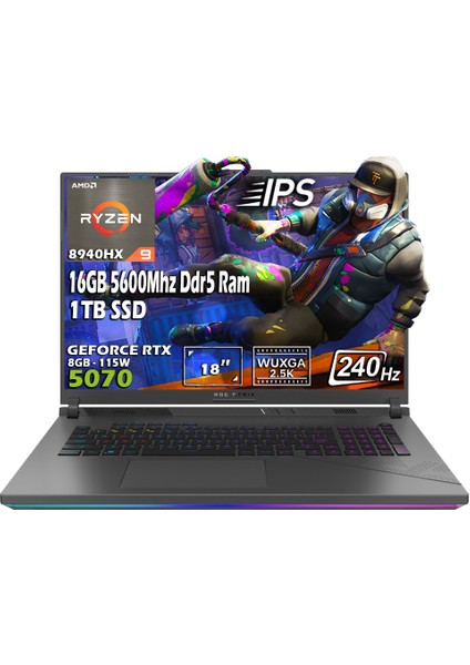 ROG STRIX G18 G814PP-S9045-GAMING AMD Ryzen 9 8940HX 16GB 1TB SSD RTX 5070 8GB 115W 18" 2.5K WQXGA 240Hz 3 MS IPS Panel Freedos Taşınabilir Bilgisayar