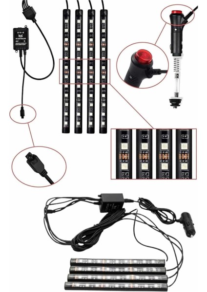 Rgb Işıklı Araç Içi Aydınlatma Kumandalı 12'li LED Işık Renk Değiştirebilen
