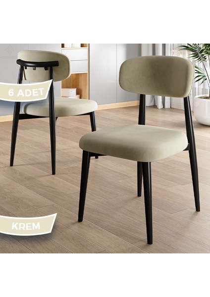 Laos Serisi 6 Adet Krem Mutfak Sandalyesi Siyah Metal Iskeletli 1. Sınıf Babyface Kumaş
