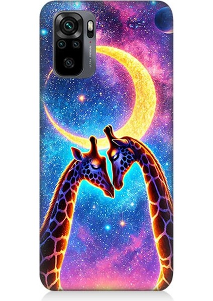 Xiaomi Redmi Note 10 Uyumlu Ay Altında Gergedan Giraffe Desenli Silikon Kılıf