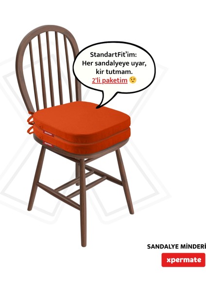 2'li Standartfit Oval Sandalye Minderi Fermuarlı Yıkanabilir Kılıf Bağcıklı Su ve Yağ Itici 42 x 42 x 5 Kiremit