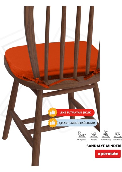 2'li Standartfit Oval Sandalye Minderi Fermuarlı Yıkanabilir Kılıf Bağcıklı Su ve Yağ Itici 42 x 42 x 5 Kiremit