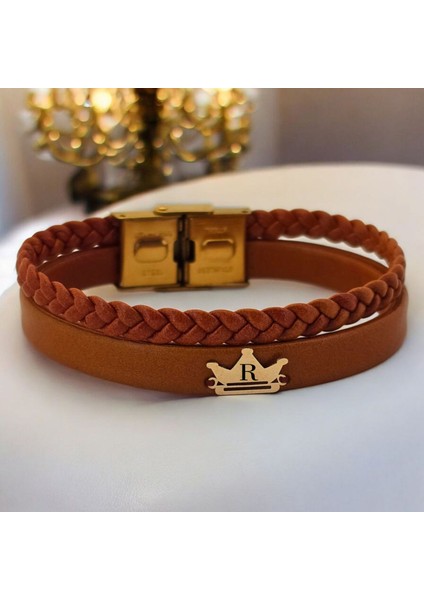 R Harfine Özel 14 Ayar Altın Plakalı Kahverengi Derili Taç Motifli Hediye Bileklik-511 Harf fiyatları