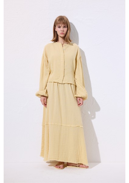 Müslin Katlı Geniş Etek Sarı modelleri