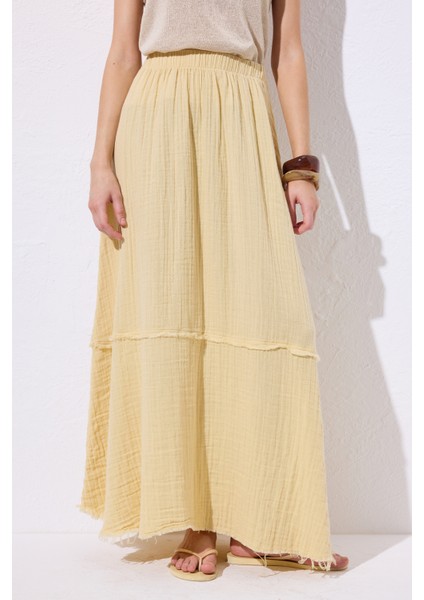 Müslin Katlı Geniş Etek Sarı indirimleri