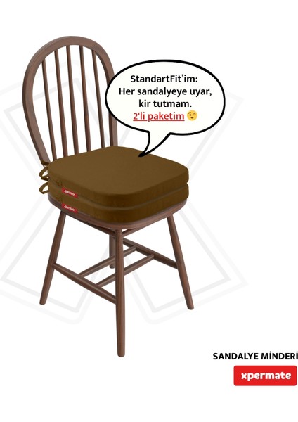 2'li Standartfit Oval Sandalye Minderi Fermuarlı Yıkanabilir Kılıf Bağcıklı Su ve Yağ Itici 42 x 42 x 5 Kahverengi