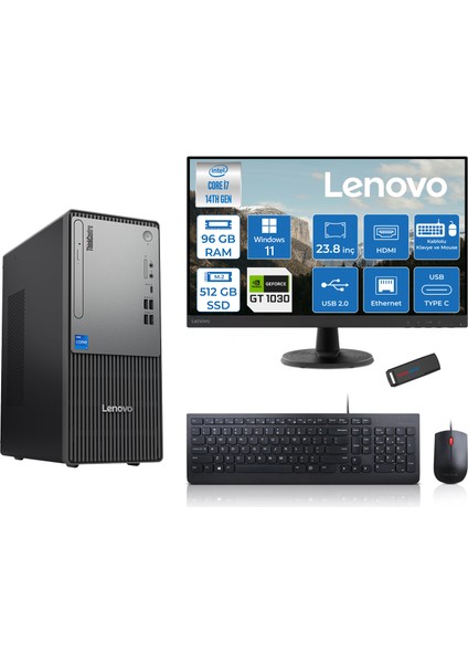 Thinkcentre Neo 50T Gen5 Intel Core I7 14700 96GB Ddr5 512GB SSD 23.8 Inç Monitör Windows 11 Pro Nvidia GT1030 4gb Masaüstü Bilgisayar 10302412UAS0GL00P27 + Zetta Flash Bellek