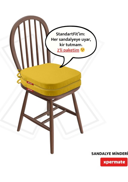 2'li Standartfit Oval Sandalye Minderi Fermuarlı Yıkanabilir Kılıf Bağcıklı Su ve Yağ Itici 42 x 42 x 5 Sarı