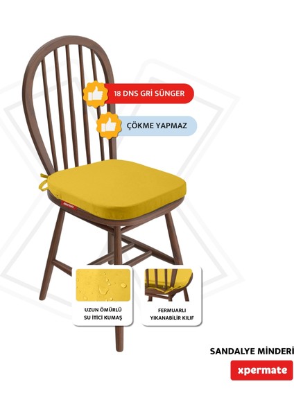 2'li Standartfit Oval Sandalye Minderi Fermuarlı Yıkanabilir Kılıf Bağcıklı Su ve Yağ Itici 42 x 42 x 5 Sarı