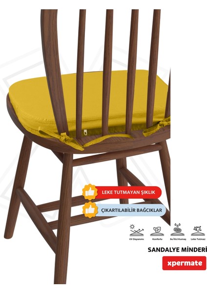 2'li Standartfit Oval Sandalye Minderi Fermuarlı Yıkanabilir Kılıf Bağcıklı Su ve Yağ Itici 42 x 42 x 5 Sarı