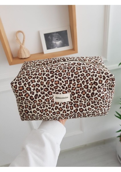 Leopar Desenli Makyaj ve Bebek Bakım Organizer Çantası Kahverengi