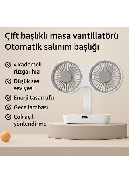 Çift Başlı Taşınabilir USB Şarjlı Fan, LED Gece Lambası ve 5000MAH Pil ile Uzun Çalışma Süresi, Ayarlanabilir Hız ve 270° Dönebilir Kafalar, Ev, Ofis, Kamp Için Ideal (CZ-01X - Beyaz)