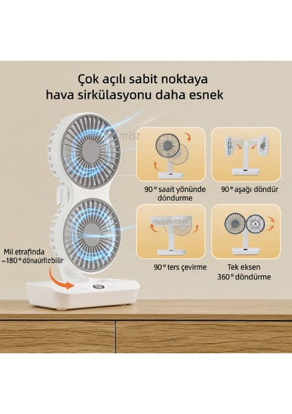 Çift Başlı Taşınabilir USB Şarjlı Fan, LED Gece Lambası ve 5000MAH Pil ile Uzun Çalışma Süresi, Ayarlanabilir Hız ve 270° Dönebilir Kafalar, Ev, Ofis, Kamp Için Ideal (CZ-01X - Beyaz)