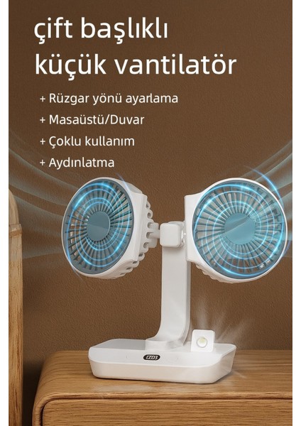 Çift Başlı Taşınabilir USB Şarjlı Fan, LED Gece Lambası ve 5000MAH Pil ile Uzun Çalışma Süresi, Ayarlanabilir Hız ve 270° Dönebilir Kafalar, Ev, Ofis, Kamp Için Ideal (CZ-01X - Beyaz)