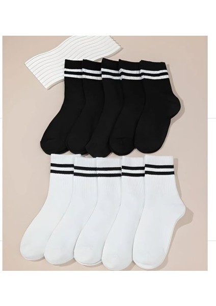 Unisex Beyaz Çizgili Kolej Çorap 8’li Paket