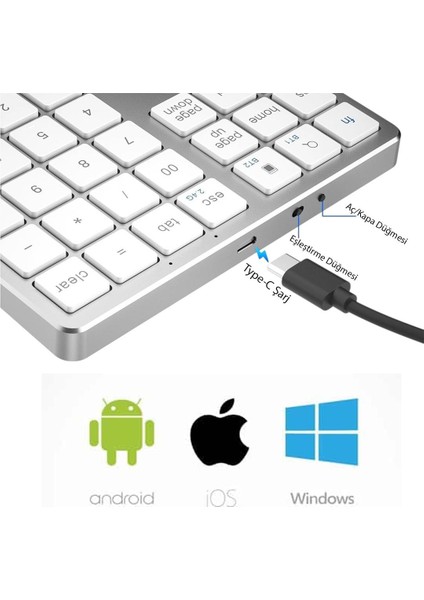 PM-26596 Mini Gümüş Bluetooth 5.2 Kablosuz 35 Tuş Klavye Genişletme Sayı Bloğu