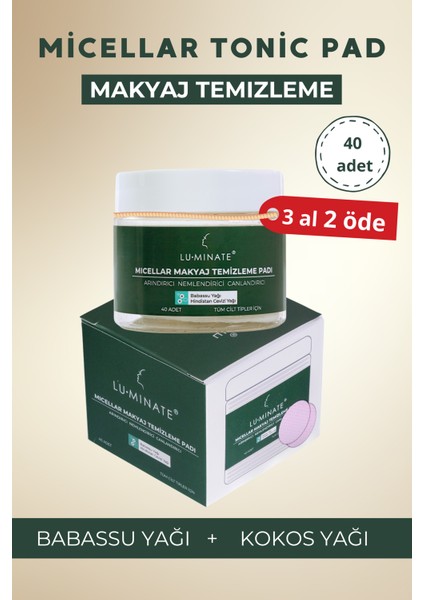 Micellar Makyaj Temizleme Pedi Nemlendirici Babassu Yağı ve Hindistan Cevizi Yağı 40 Adet Ped