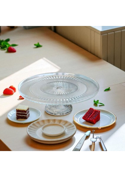 24 cm Cam Ayaklı Sunumluk Tabak-Ayaklı Cam Kek Sunum Tabagı- Pasta Servıs Tabagı