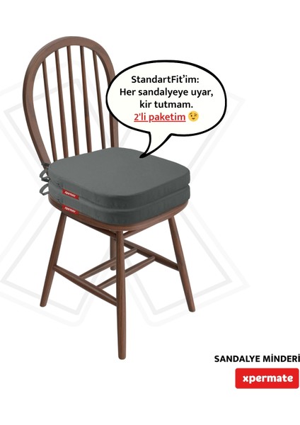2'li Standartfit Oval Sandalye Minderi Fermuarlı Yıkanabilir Kılıf Bağcıklı Su ve Yağ Itici 42 x 42 x 5 Antrasit