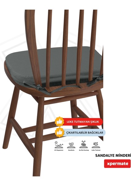 2'li Standartfit Oval Sandalye Minderi Fermuarlı Yıkanabilir Kılıf Bağcıklı Su ve Yağ Itici 42 x 42 x 5 Antrasit modelleri