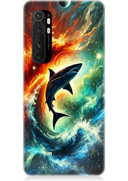 Xiaomi Mi Note 10 Lite Uyumlu Ateşle Dans Eden Köpekbalığı Desenli Silikon Kılıf