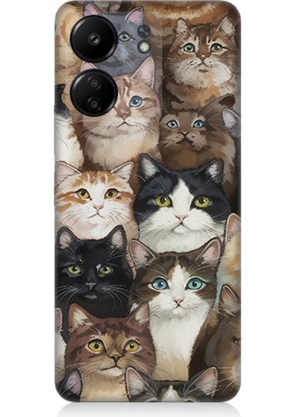 Xiaomi Redmi 13C Uyumlu Kedi Kalabalığında Kaos Desenli Silikon Kılıf
