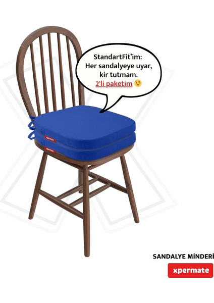 2'li Standartfit Oval Sandalye Minderi Fermuarlı Yıkanabilir Kılıf Bağcıklı Su ve Yağ Itici 42 x 42 x 5 Mavi