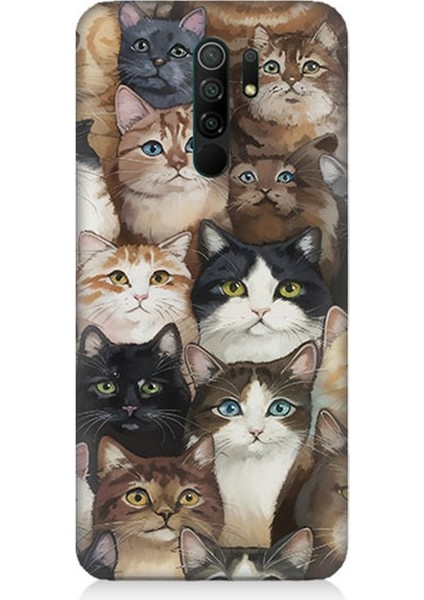 Xiaomi Redmi 9 Uyumlu Kedi Kalabalığında Kaos Desenli Silikon Kılıf