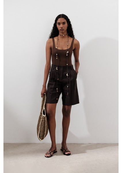 Keten Pileli Bermuda Şort Acı Kahve