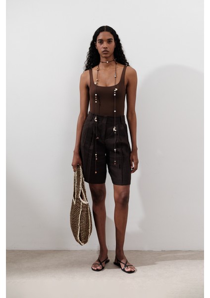 Keten Pileli Bermuda Şort Acı Kahve modelleri