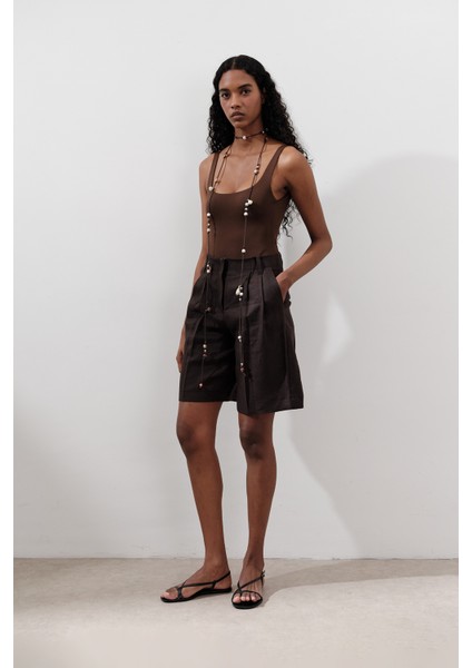 Keten Pileli Bermuda Şort Acı Kahve fırsatları