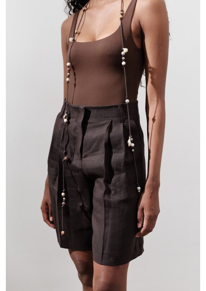 Keten Pileli Bermuda Şort Acı Kahve indirimleri