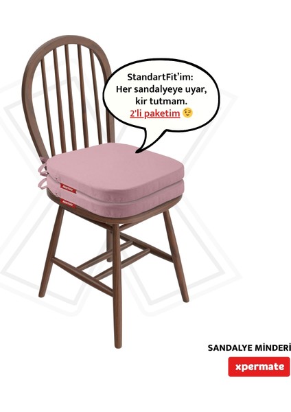 2'li Standartfit Oval Sandalye Minderi Fermuarlı Yıkanabilir Kılıf Bağcıklı Su ve Yağ Itici 42 x 42 x 5 Pembe
