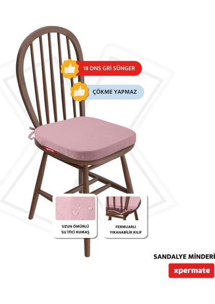 2'li Standartfit Oval Sandalye Minderi Fermuarlı Yıkanabilir Kılıf Bağcıklı Su ve Yağ Itici 42 x 42 x 5 Pembe