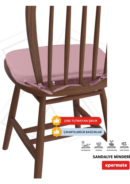 2'li Standartfit Oval Sandalye Minderi Fermuarlı Yıkanabilir Kılıf Bağcıklı Su ve Yağ Itici 42 x 42 x 5 Pembe