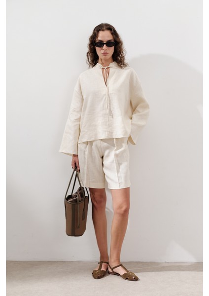 Keten Pileli Bermuda Şort Vanilya