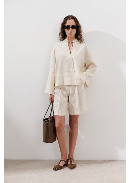 Keten Pileli Bermuda Şort Vanilya fiyatları