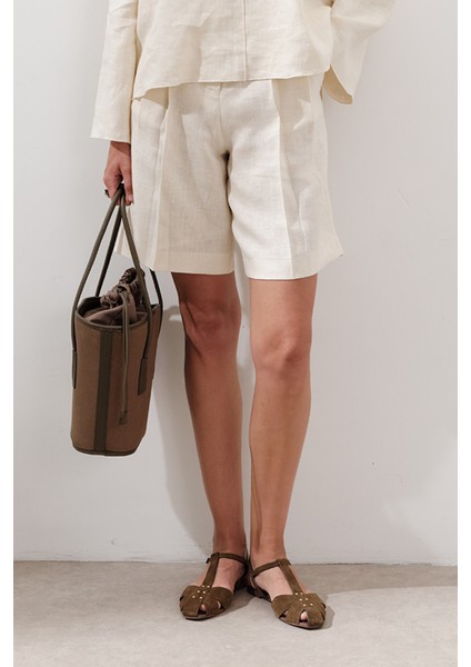 Keten Pileli Bermuda Şort Vanilya modelleri