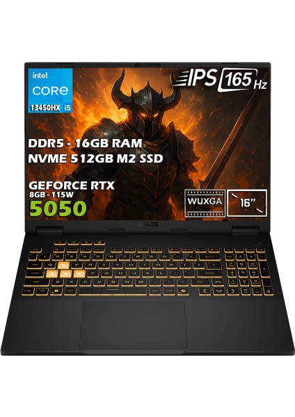 TUF F16 FX608JH-RV010-Gaming Intel Core i5-13450HX 16GB 512GB SSD RTX 5050 8GB 16" FHD+ WUXGA 165Hz IPS Panel Taşınabilir Dizüstü Bilgisayar