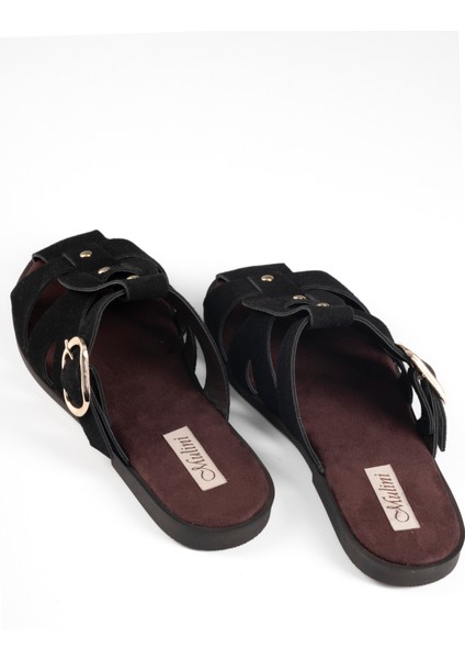 Kadın Siyah Süet Deri Tokalı ve Troklu Vintage Stil Kafes Sandalet Terlik