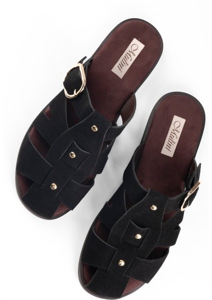 Kadın Siyah Süet Deri Tokalı ve Troklu Vintage Stil Kafes Sandalet Terlik
