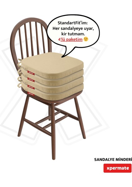 4'lü Standartfit Oval Sandalye Minderi Fermuarlı Yıkanabilir Kılıf Bağcıklı Su ve Yağ Itici 42 x 42 x 5 Bej