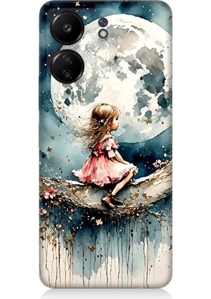 Xiaomi Redmi 13C Uyumlu Ay Üzerinde Hayalci Kız Desenli Silikon Kılıf