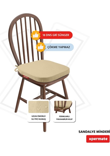 4'lü Standartfit Oval Sandalye Minderi Fermuarlı Yıkanabilir Kılıf Bağcıklı Su ve Yağ Itici 42 x 42 x 5 Bej