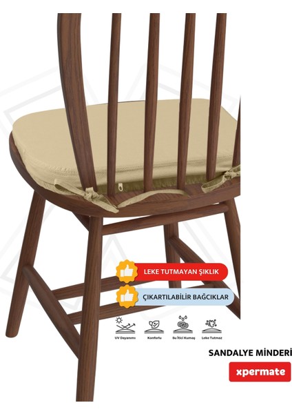 4'lü Standartfit Oval Sandalye Minderi Fermuarlı Yıkanabilir Kılıf Bağcıklı Su ve Yağ Itici 42 x 42 x 5 Bej