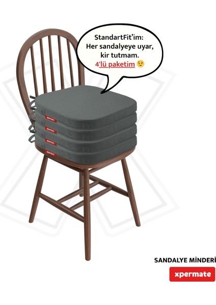 4'lü Standartfit Oval Sandalye Minderi Fermuarlı Yıkanabilir Kılıf Bağcıklı Su ve Yağ Itici 42 x 42 x 5 Antrasit