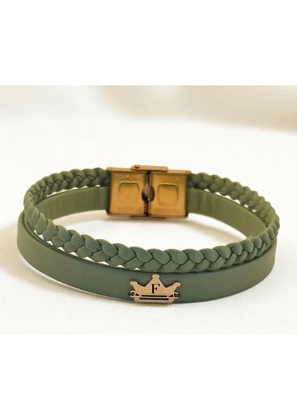 F Harfine Özel Doğal Yeşil Derili Taç Figürlü 14 Ayar Altın Plakalı Hediye Bileklik-512 Harf fiyatları