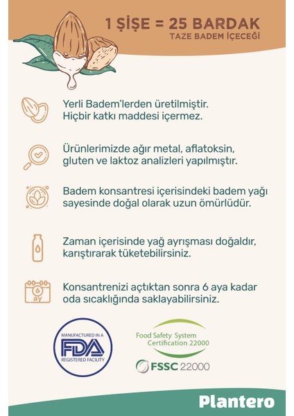 2'li Set Badem Sütü Bazı Konsantre 250GR, %100 Badem, 25 Bardak 6 Lt Süt